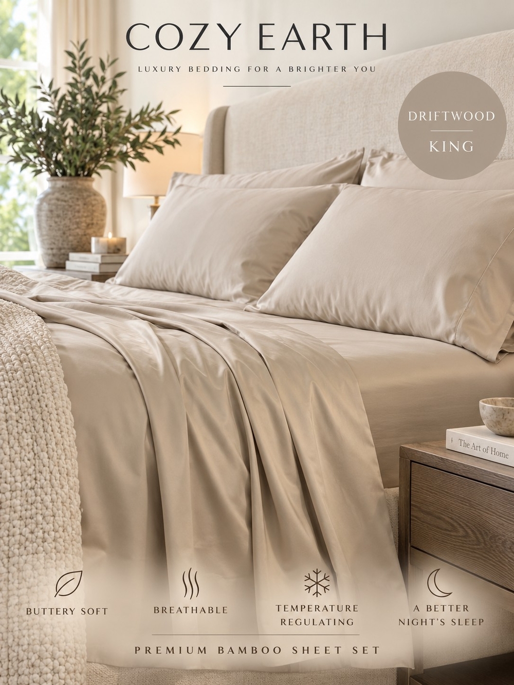 Cozy Earth Bamboo Sheet Set King Driftwood Luxury Cooling Soft Sheets